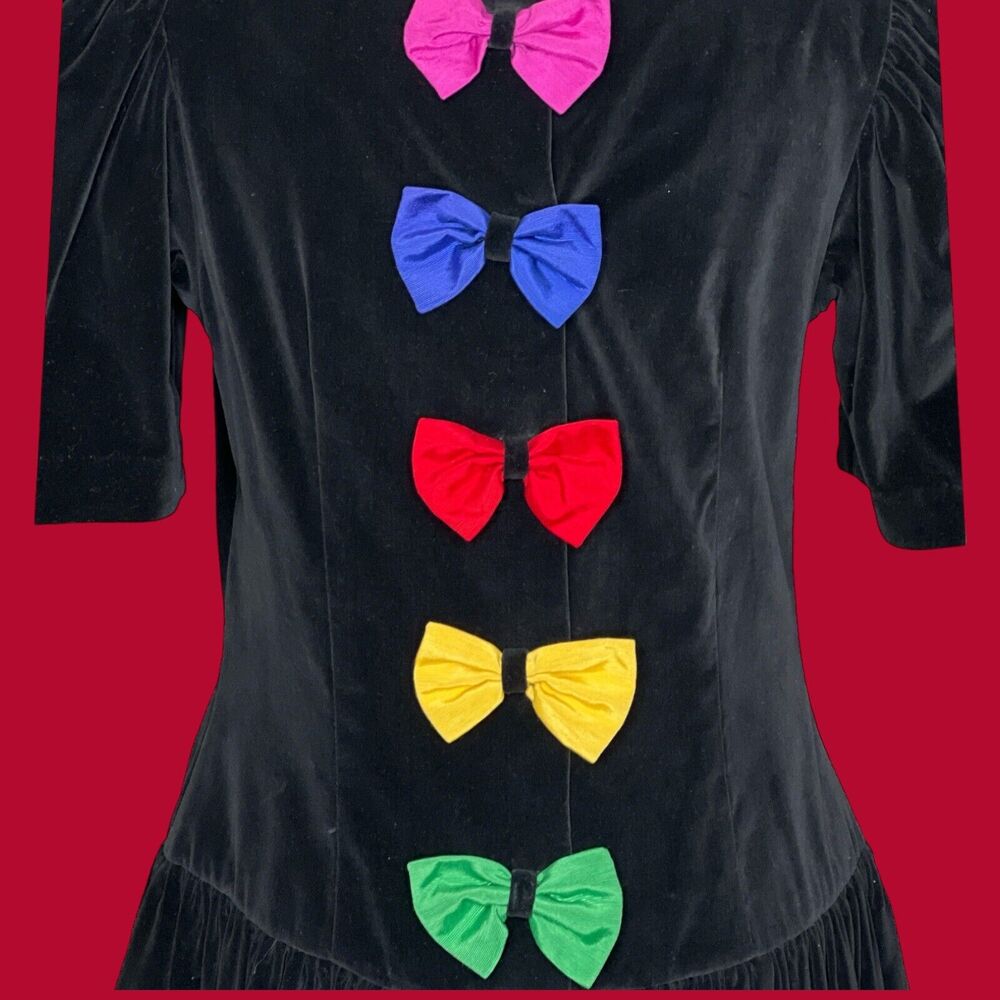 Vintage Black Velvet 80s Drop Waist Back Rainbow Bows Whimsygoth Dress 11/12 S - Picture 5 of 8